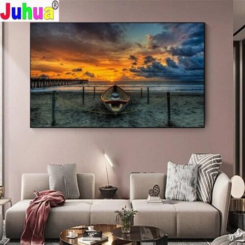 Sunset Beach Boat Diamond Painting Picture Of Rhinestone Embroidery Crystal Beaded Handicraft Diy Cross Stitch Mosaic Full Drill