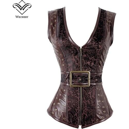 Wechery Steampunk Corset Top Gothic Clothing Sexy Corsets And Bustiers Jacquard PU Leather Bodice Steel Boned Zip Buckle Brown