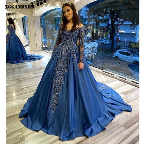 Beautiful A-Line Prom Dress 2022 Satin Appliques Beading Crysta Long Skirt Blue Full Sleeves Dresses Chapel Train Or Plus Size