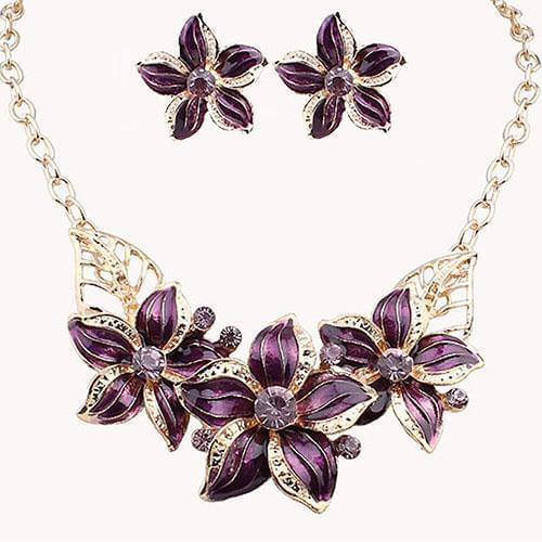 Fashion Women Rhinestone Flower Statement Pendant Necklace Earrings Jewelry Set bisuteria mujer