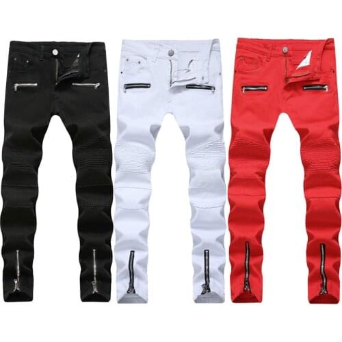 New Biker Jeans Men Motorcycle Stretch Cargo Skinny Denim Jeans with Zippers Pleated Slim Jean Mens Plus Size 40 42 Pants