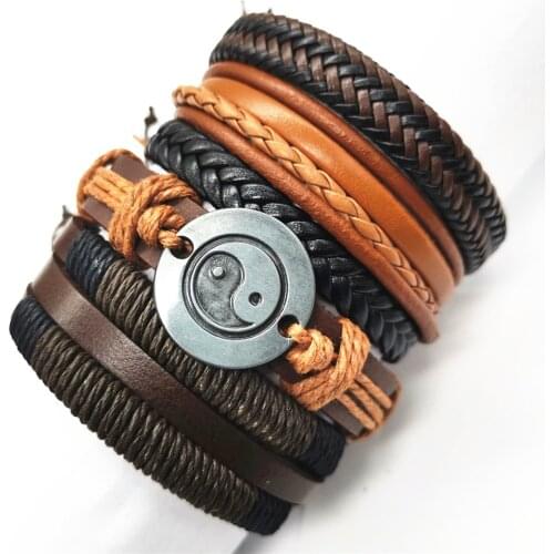 Khaki Taichi Wing Blade Black Feather Men Bracelets 5pcs/set Wrap Cuff Bangle Leather Bracelets Women Jewelry Accessories