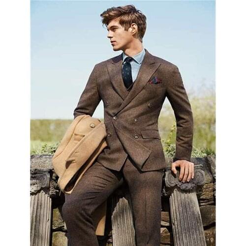 Tailored Made Customize Khaki Tweed Mens Wedding Suits Slim Fit Groom Tuxedo Blazer Double Breasted Peaked Lapel prom 2 Pieces