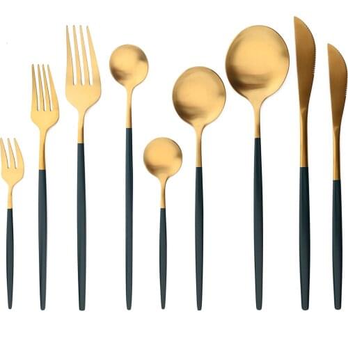JANKNG Stainless Steel Dinnerware Set Green Gold Matte Cutlery Set Salad Flatware Fork Spoon Knife Dessert Dinner Silverware Set