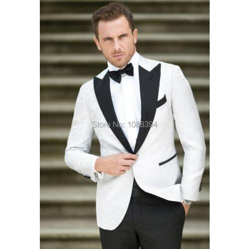 2016 New Formal Black Peaked Lapel White Blazer Groom Suits For Men Wedding Tuxedos Best Man Suit Bridegroom (Jacket+Pants+Bow)