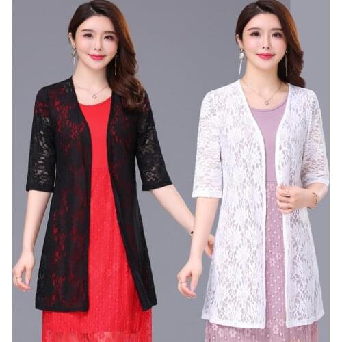 2021 New Summer 3/4 Sleeve Shawl Middle Long Thin Coat Sunscreen Shirt Tops Lace Jacket Women Cardigan Plus Size Jackets Y941