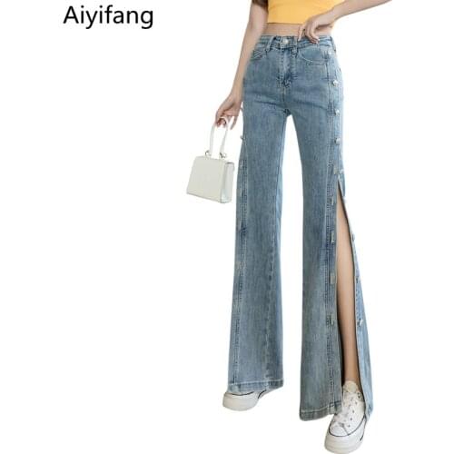 New Spring Summer Loose Slightly Flared Wide Leg Denim Pants Women Sexy Side Button Slit Jeans Pant High Waist Thin Cowboy Pants