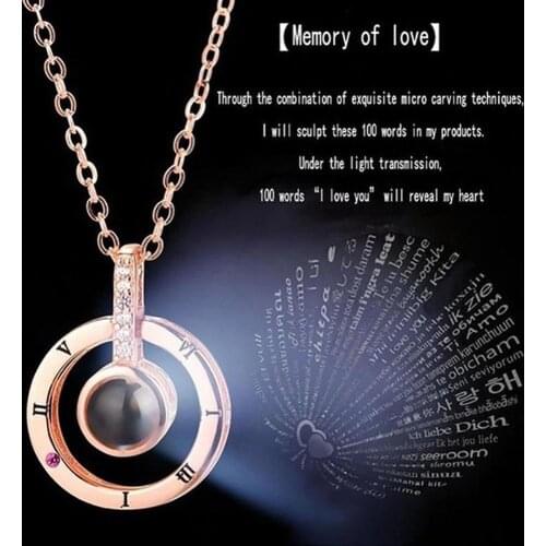 Necklace Women I Love You 100 Language Light Projection Round/Heart Pendant Necklace of Stones