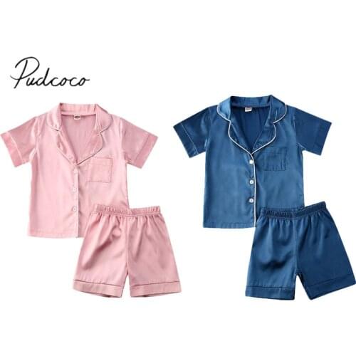 2020 Summer Kids Pajama Sets Baby Boys Girls Silk Pajamas Sleepwear Outfit Solid V neck Shirt + Pants Nightwear Set 2pcs 0-6Y