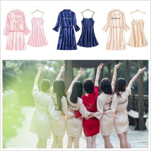 Long Sleeve Sleepwear Women Party Sexy Bride Pajama Sets Bridesmaid Night Dress Suits Silk Robe
