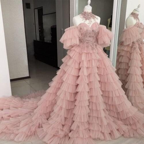 Luxury Blush Pink Ruffles Tier Skirt Prom Dresses Off the Sleeve Appliques Bead Sequined Celebrity Long Evening Gowns Pageant