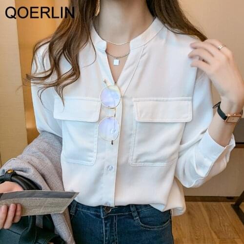QOERLIN Pockets Shirt Women 2021 Autumn Loose Casual Streetwear V-Neck Chiffon Shirt White Top Plus Size Prom Blusa Femme Office