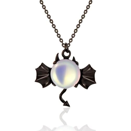 S925 Sterling Silver Demon Necklace Womens Dark Bat Moonstone Pendant Halloween Jewelry