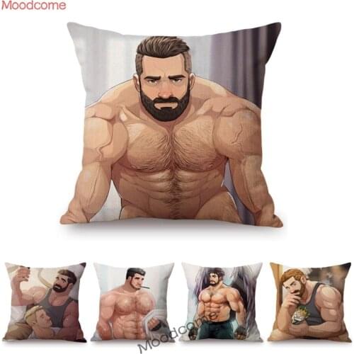 Sexy Boyfriend Muscle Jock Hunk Hot Man Hot Boy Cotton Linen Sofa Throw Pillow Case Car Square Gay Art Cartoon Cushion Cover