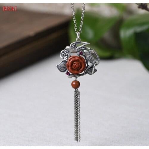 S925 Silver Retro Craft Fashion South Red Agate Pendant Wholesale Female Art Swallow Tassel Necklace