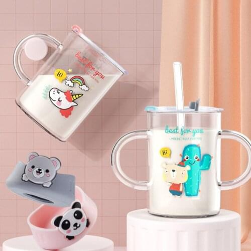 1pc Water Bottle Glass High quality Transparent Durable Calibrated Growth Cup Milk Cup Bottle with Lid Straw Baby Infant Home