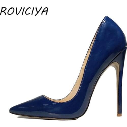 Dark blue pointed toe women shoes high heel pumps 12 cm stiletto patent leather party high heels women shoes QP013 ROVICIYA