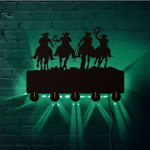 West Cowboy Design Wooden Wall Hanging Hook Kitchen Storage Hooks Wall Rails Sunset Riders Coat Rack Deco LED Lighting Wall Hook