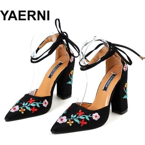 YAERNIWomen Plus Size High Heels Embroidered Pumps Flower Ankle Strap Shoes Woman Two Pieces Sexy Party Wedding Pointed ToeE1281