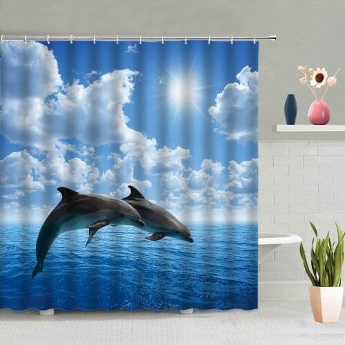 Ocean Animals Shower Curtain Dolphins Turtles Underwater World Bathroom Decoration Screens Bath Curtains Washable With Hooks