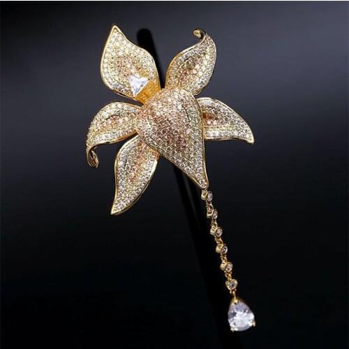 Vintage Crystal Hanging Rhinestone Flower Brooch Pin Luxury Zircon Brooches For Women Accessories Jewelry Broche Femme Bijoux