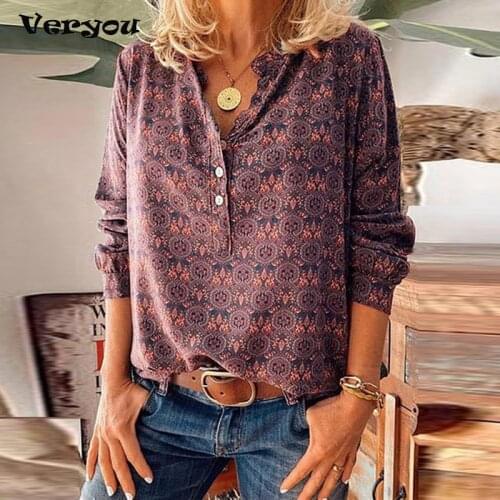 Plus Size Women Elegant Casual Vintage printing T-shirt Single-breasted V-neck Loose Womens Top 2021 Spring Tees Shirt Tops