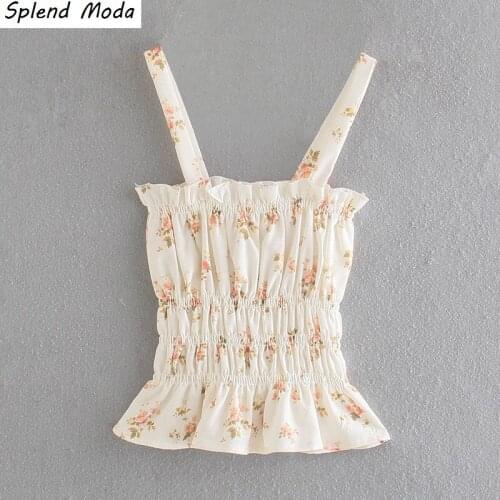 Splend Moda 2021 Summer Women Vintage Tight-Fitting Elastic Waist Square Collar Camisole Folds Floral Print Camisole Crop Top