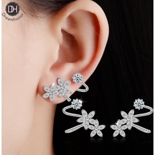 Dreamhonor 925 Sterling Silver Zirconia Flower Ear Cuff Earrings Without Piercing Ear Clips Earrings Women Girls Jewelry