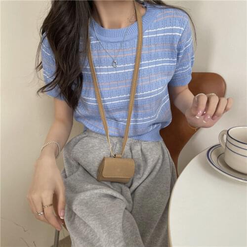 Woman TShirts Womens round Neck Striped Short-Sleeved Sweater Summer 2021 Loose Pullover Top Crop Top Mujer Camisetas