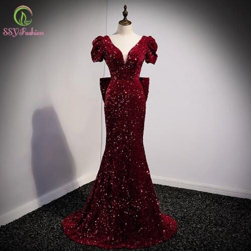 SSYFashion New Banquet Elegant Wine Red Evening Dress Glittering Sequins Mermaid Sexy V-neck Long Prom Formal Gowns for Women
