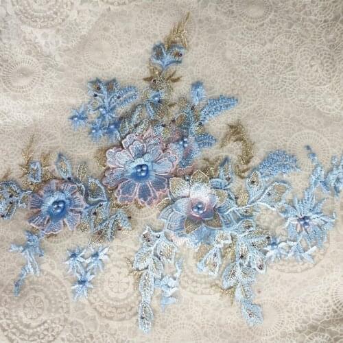 1 Pcs Large 3D Flower Pearl Embroidery Lace Applique For Evening Skirt Clothes Lace Collar Decoration Patch Sewing On Accessory