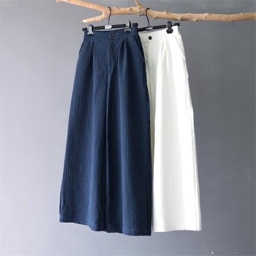 SCUWLINEN 2020 Women Linen Pants Casual Loose Thick Long Wide-leg Pant Solid Elastic Waist Trousers Full Pantalon Femme S287