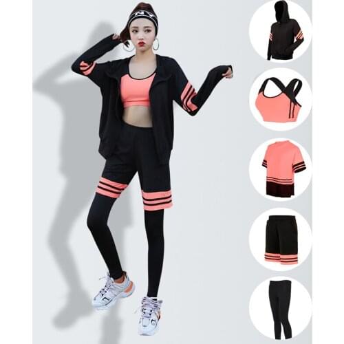 Fitness Women 5 in 1 Yoga Set Yoga Bra & Pants & Shorts & T-Shirts Solid Patchwork Gym Clothes Sport Wear Running Outdoor Jog