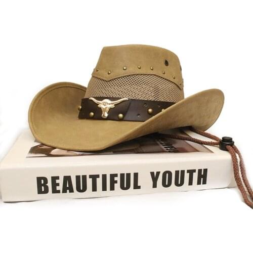 Unisex Women Men Retro Bull Head Leather Band Roll Up Wide Brim Sombrero Sun Cap Beach PU Cowboy Cowgirl Western Hat (58cm