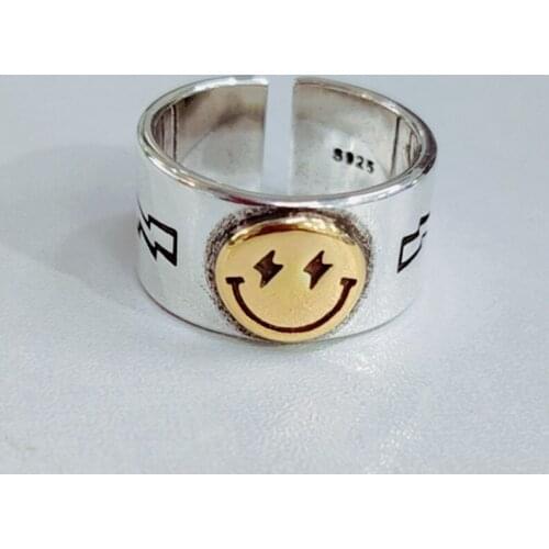 Hot Sale Happy Smiley Face Lightning Stamp Tibetan Ring Big Large Retro Vintage Golden Gothic Women Jewelry Rings