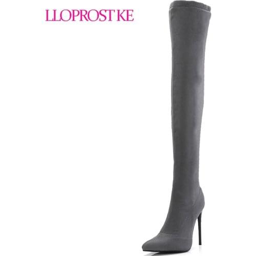 Lloprost ke Stretch Suede Women Thigh High Boots Stilettos Sexy Over the Knee Boots Pointy Toe High Heel Long Boots Black Gray