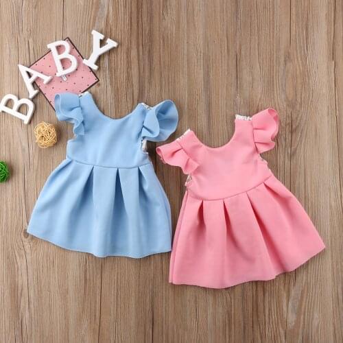 Cute Baby Girls Toddler Flying Sleeve Dresses Infant Children Solid Princess Kid Girl Party Dress Baby Clothing 9M-3Y