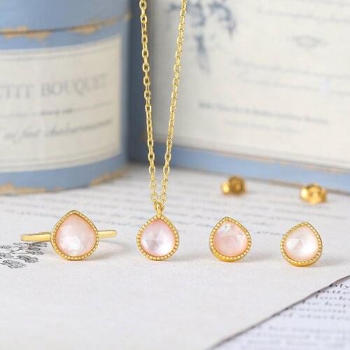 MoBuy Sweet Peach 925 Silver Jewelry Set For Women Girl Natural White Crystal Shell 14K Gold Pated Fine Jewelry V085