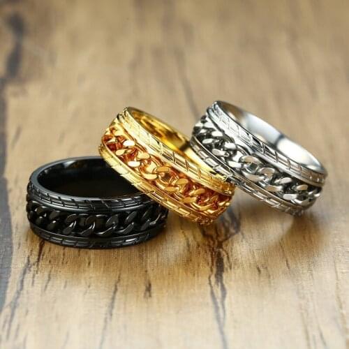 Mens 8mm Punk Spinner Chain Rings Stylish Tire Texture Stainless Steel Rotatable Links Boy Male Anel Alliance