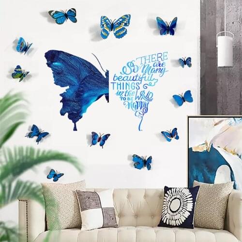 12pcs/bag 3D Calssic Blue Butterfly Flower Wall Sticker Home Decor Poster Flora Butterflies TV Wall Beautiful Decoration