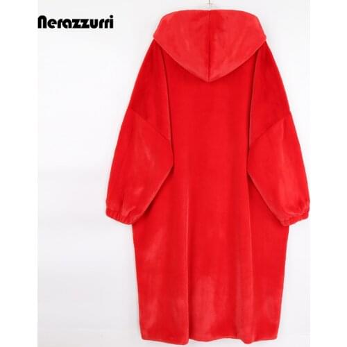 Nerazzurri Winter Long Oversized Red Warm Fluffy Faux Fur Coat Women Bat Sleeve Zipper Hood Loose Casual Korean Fashion 2021