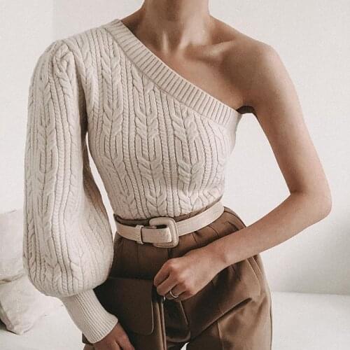 New Products Womens AutumnWinter Knitted Sweater One-shoulder Strapless Sexy Sweater Lantern Sleeve Pullover Knitwear