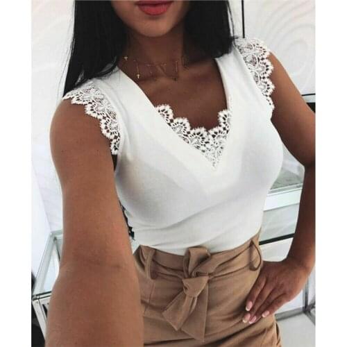 New Women Sexy Sleeveless Blouses Ladies V Neck V-Shape Open Back Elegant Lace Tank Tops Black White Skin-Friendly/ Comfortable