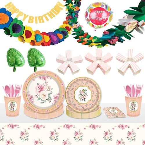 Peony Flower Disposable Tableware Paper Plates Cups Tablecloth Baby Shower Birthday Party Wedding Valentines Day Decor Supplies