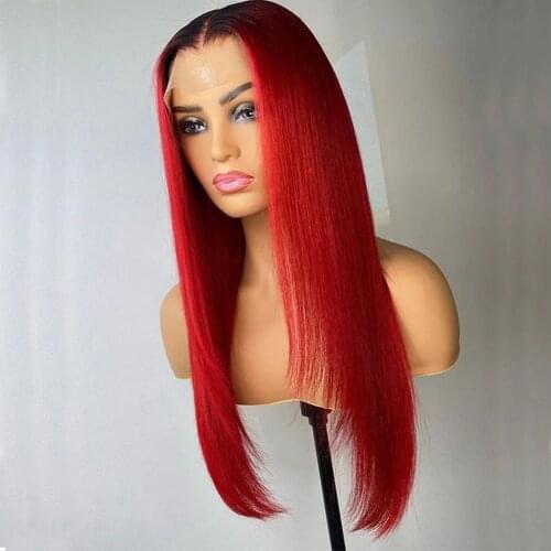 Ombre Red Color Silky Straight Deep Part Lace Front Wig For Women Human Remy Hair Babyhair Preplucked Brazilian Can Dye Permed