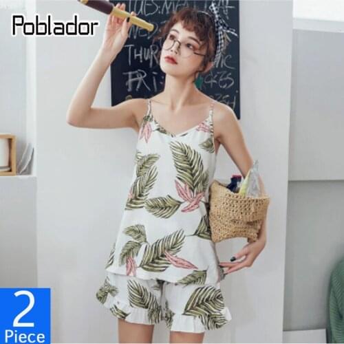 Poblador Leaves Printed Pajamas Set Comfort Cotton Sleepwear Women Casual Home Wear Spaghetti Strap Pijamas Elegant Loose Pyjama