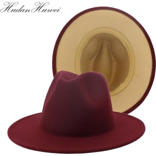 Men Women Couple Cap Jazz Woolen Felt Fedora Hat with Wide Brim Hat Patchwork New Style Church Top Hat