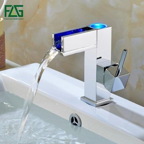 FLG Free shipping Temperature Controlled Basin Faucet Water Tap Waterfall Faucet Bathroom Faucets 3 Color LED Faucet 127-11C