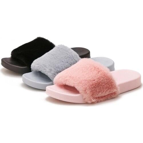 Korean Style Flat-heeled Plush Slippers for Womens Indoor Non-slip One Font Solid Color Plastic Plush Slippers