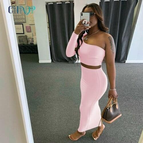 CHAOP Spring Two Piece Set Skirt and One Shoulder Long Sleeve Crop Top Fall Clothes for Women Fashion Sexy Club Outfits 2021